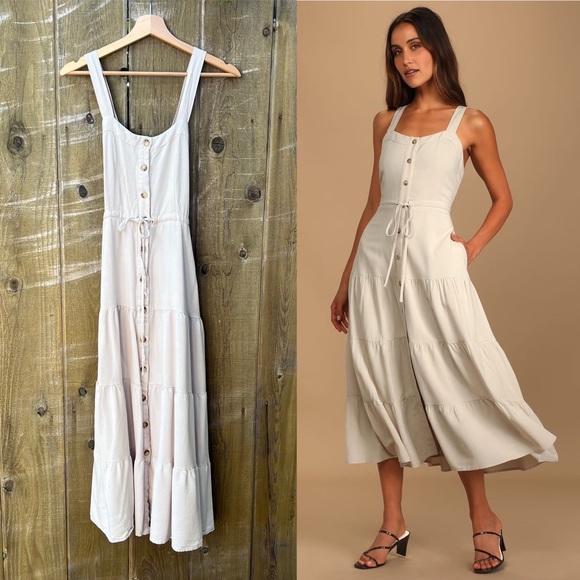 Lulus Dresses & Skirts - Beige Button-Front Tiered Criss-Cross Midi Dress 🌿